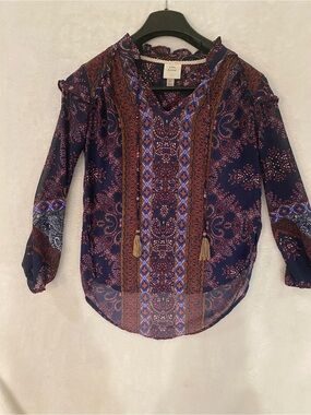 Knox Rose Navy Paisley Boho Tassel Blouse US XS
